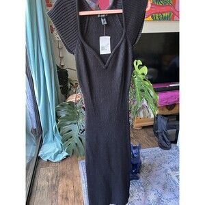 Forever 21 Long Black Bodycon Knitted Dress Elegant Size XL Plunging Neckline